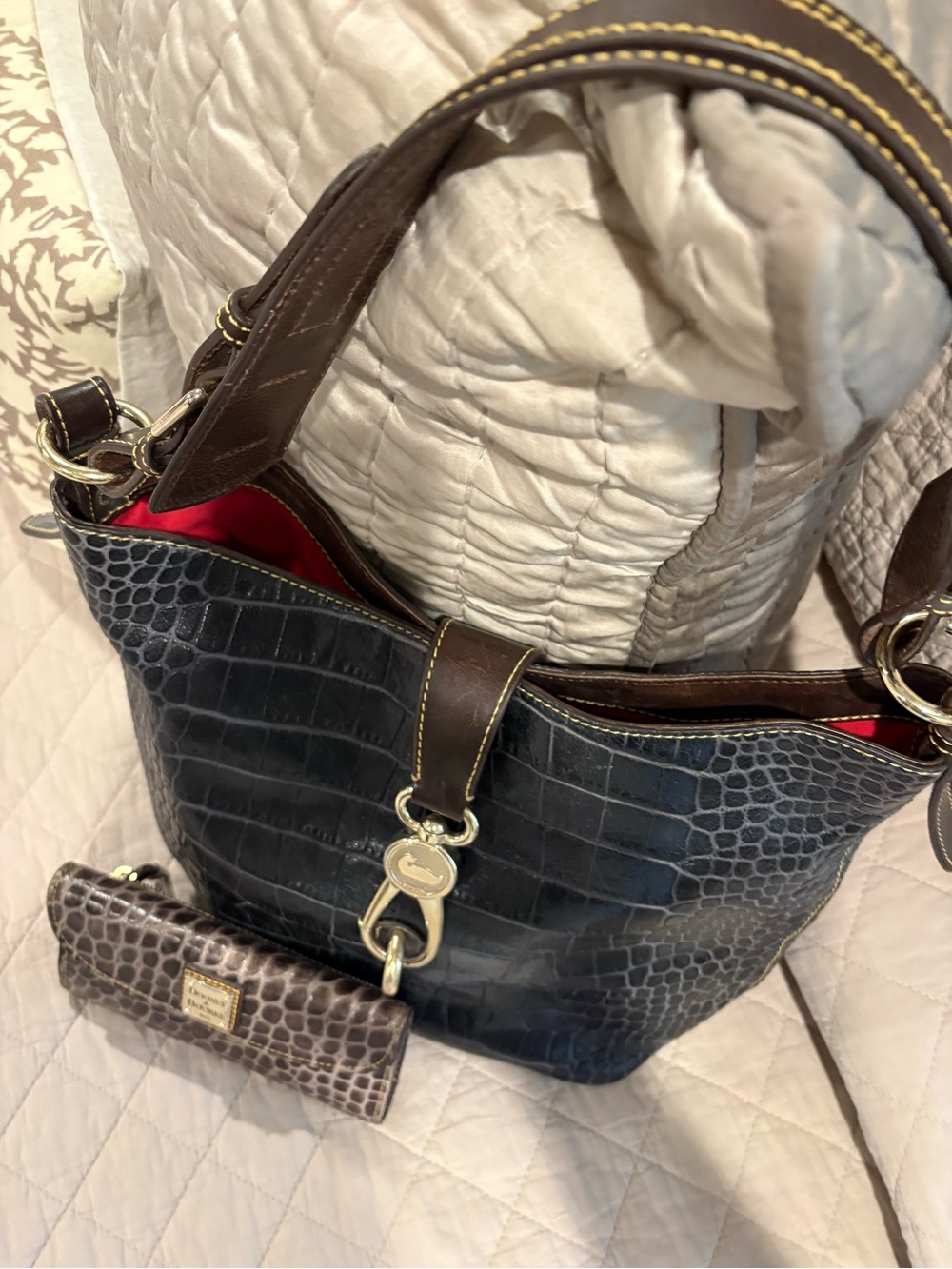 Dooney & Bourke Black Croc-Embossed Shoulder Bag with Brown Trim w/Wallet - Picture 3 of 12